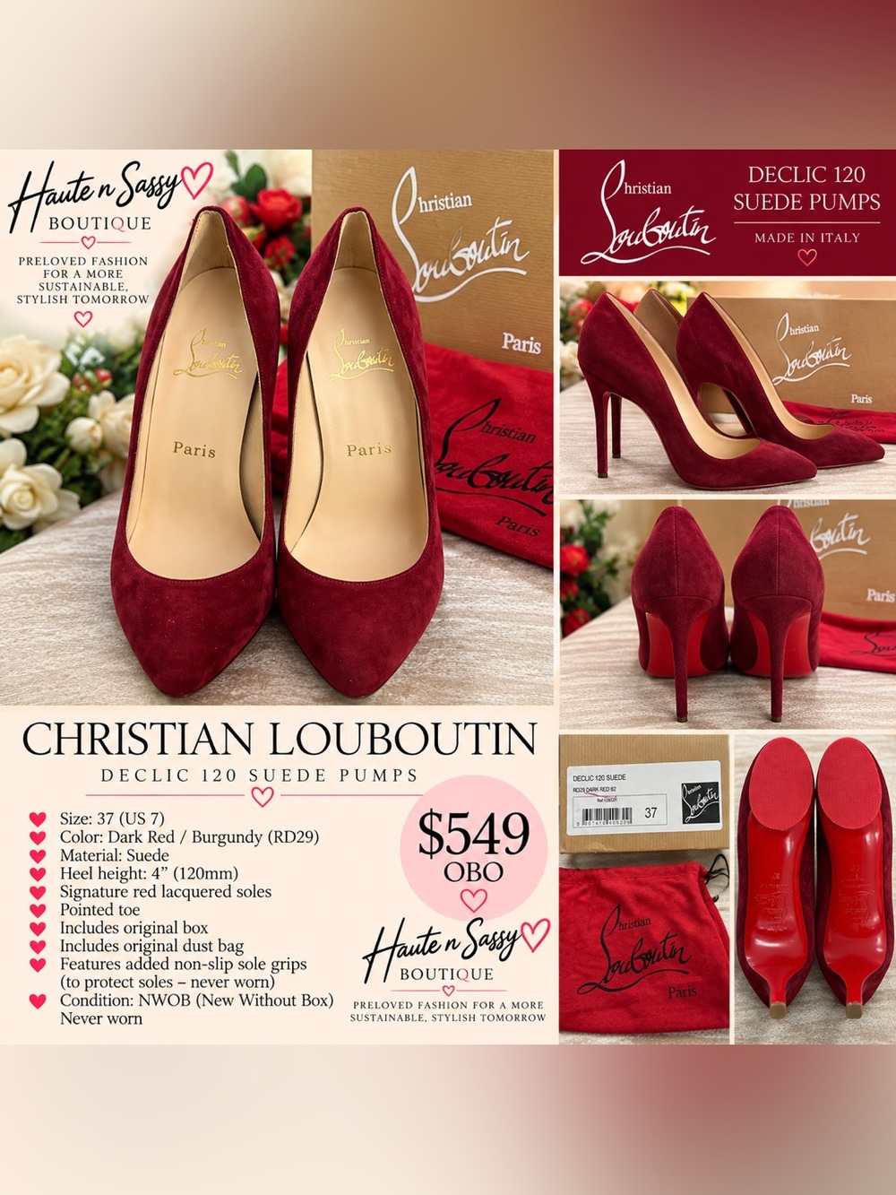 Christian Louboutin Declic 120 Dark Red Suede Pumps Size 37 Never Worn